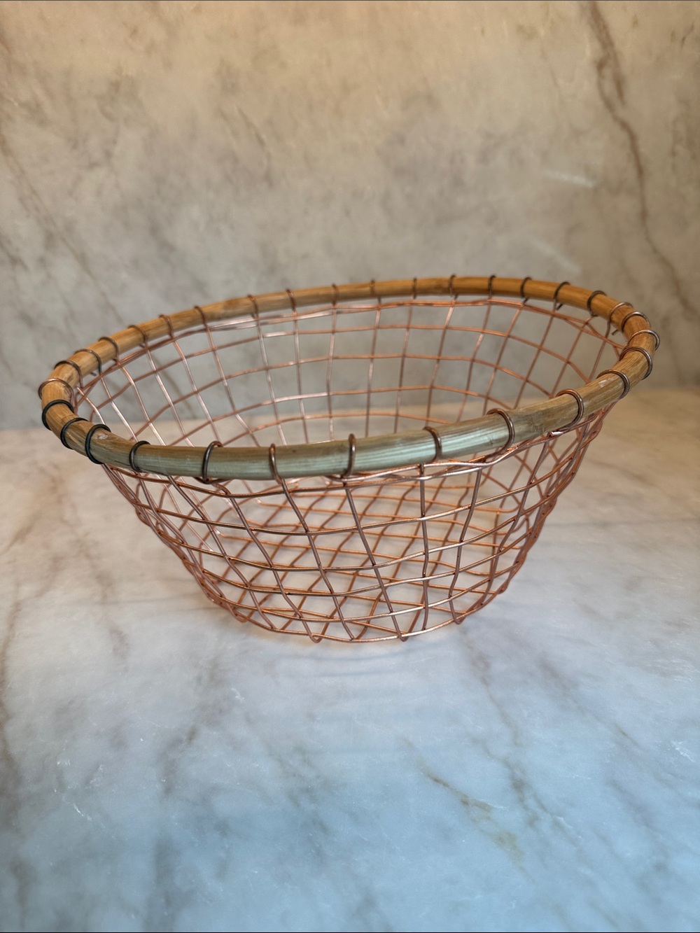 Anthropologie Copper Wire Fruit Basket with Wooden Rim - Versatile Home Accent